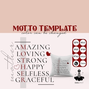 Może przedstawiać: Biała poduszka z napisem "Amazing, Loving, Strong, Happy, Selfless, Graceful" w czerwonym kolorze. Słowa są ułożone pionowo w kolumnie. Poduszka znajduje się na białym tle. Tekst "mother" jest napisany na poduszce kursywą. Obraz zawiera również zestaw ikon dla różnych formatów plików, w tym EPS, SVG, DXF, PSD, PNG, Cricut, Canva i SVGSPOT.