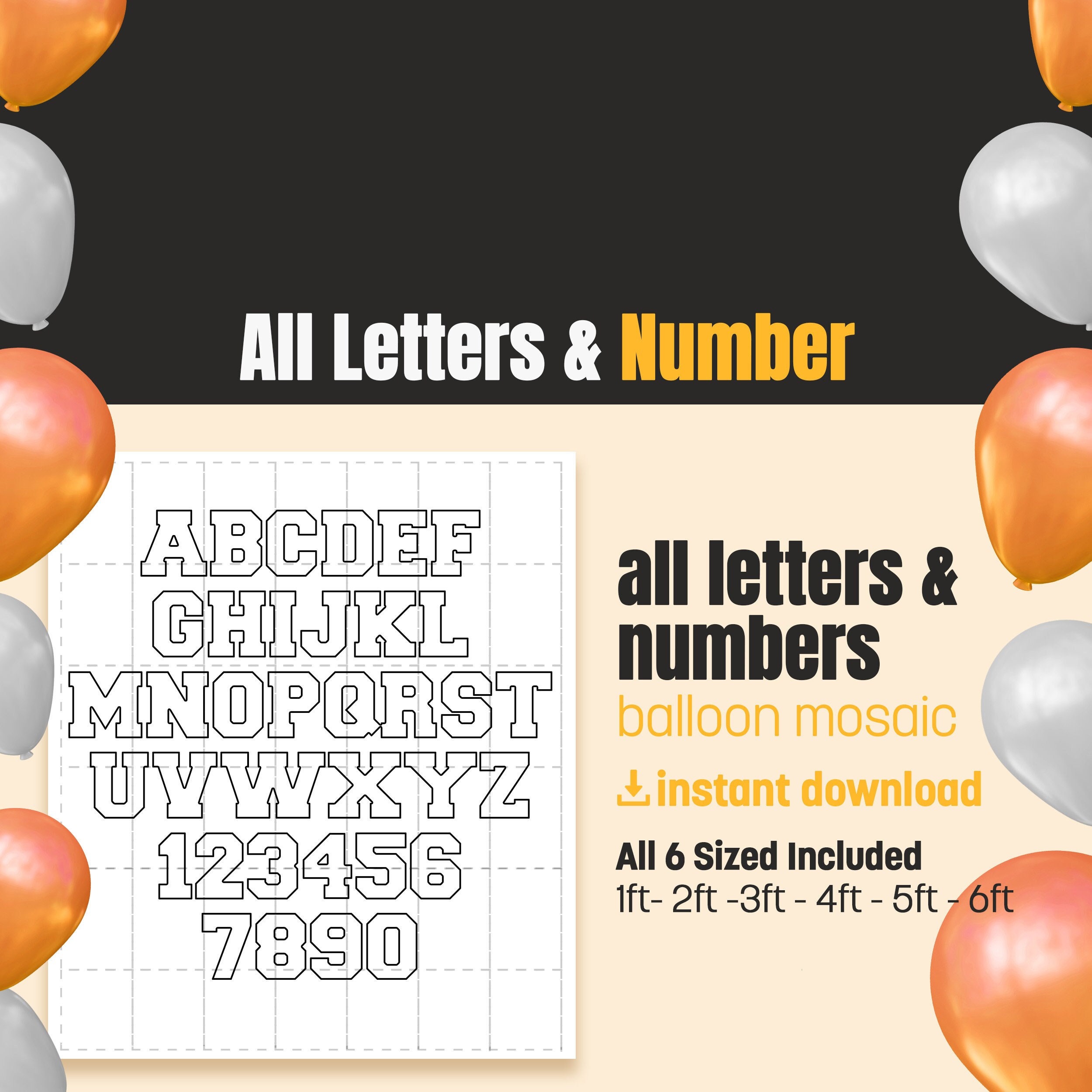 All  Letters Balloon Mosaic, All Balloon Mosaic  Numbers, 1ft, 2ft, 3ft, 4ft, 5ft, 6ft, All Sizes, Balloon Mosaic ,  Balloon Mosaic PDF