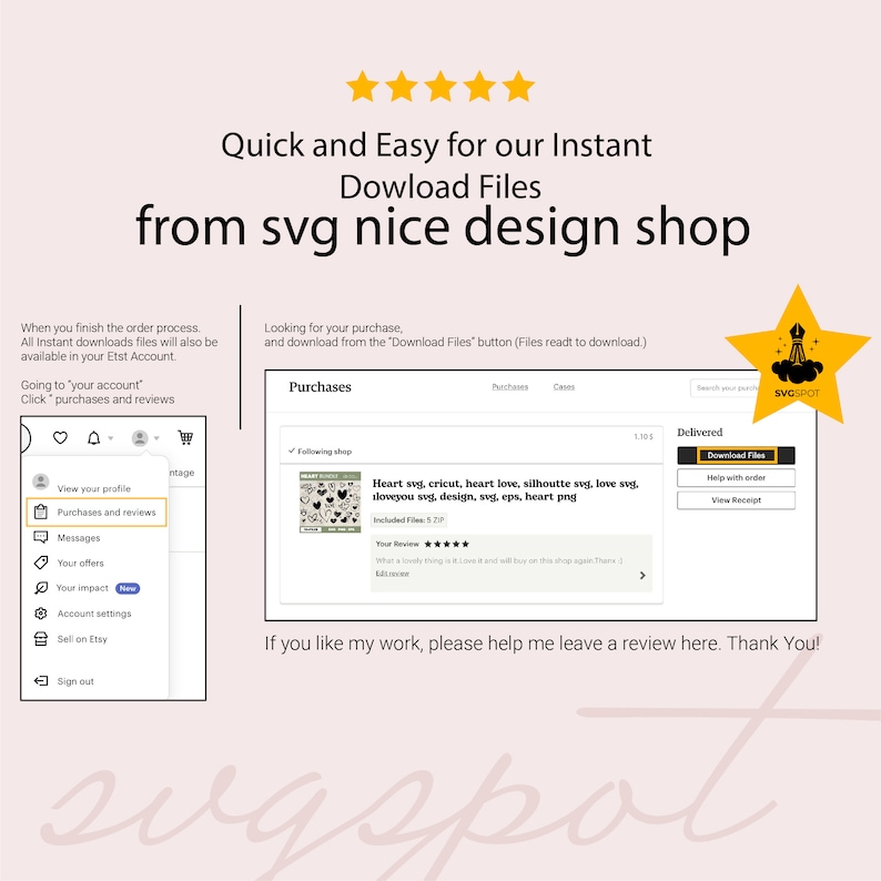 May include: Screenshot of an Etsy shop showing a digital download of a heart svg design. The design includes a variety of heart shapes and the text "Heart svg, cricut, heart love, silhouette svg, love svg, iloveyou svg, design, svg, eps, heart png". The text "Quick and Easy for our Instant Download Files from svg nice design shop" is at the top of the image.