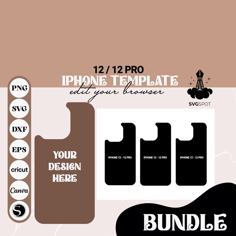 May include: A digital download template for creating phone cases for iPhone 12 and 12 Pro models. The template includes three phone case designs, each with the text "IPHONE 12-12 PRO". The template is available in PNG, SVG, DXF, EPS, and Cricut formats.