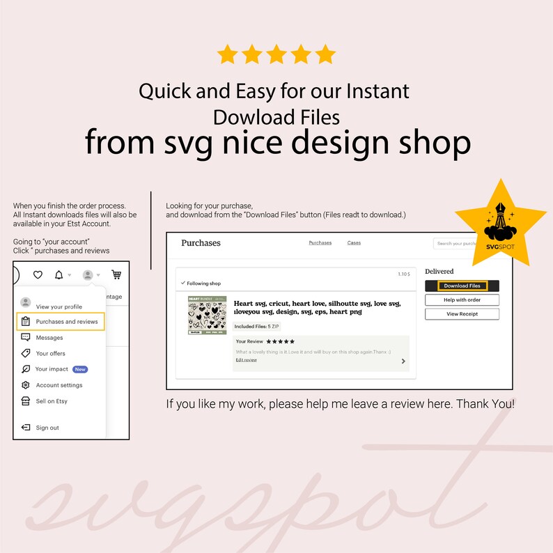 May include: Screenshot of an Etsy shop showing a digital download of a heart svg design. The design includes a variety of heart shapes and the text "Heart svg, cricut, heart love, silhouette svg, love svg, iloveyou svg, design, svg, eps, heart png". The text "Quick and Easy for our Instant Download Files from svg nice design shop" is at the top of the image.