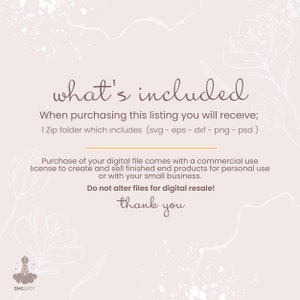 May include: A digital download graphic design file listing for a commercial use license. The text reads "what's included" and "When purchasing this listing you will receive; 1 Zip folder which includes (svg - eps - dxf - png - psd) Purchase of your digital file comes with a commercial use license to create and sell finished end products for personal use or with your small business. Do not alter files for digital resale! thank you".
