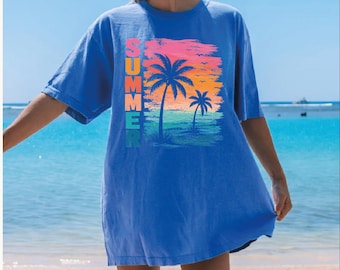 Summer Beach Palm Tree Shirt, Tropical Sunset Graphic Tee, Coastal Vacation Summer Outfit Women Top, Colorful Ocean Holiday T-Shirt,AS-2571