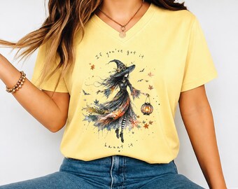 If You’ve Got It Haunt It Witch Halloween Racerback and Vneck, Spooky Watercolor Witch Tee, Cute Fall Halloween Women Graphic Top, AS-2568