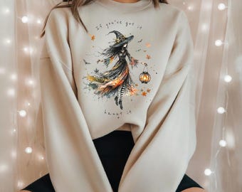 Watercolor Skeleton Witch Sweatshirt, Cute Halloween Party Pullover, Colorful Spooky Horror Graphic , Chic Fall Halloween Crewneck,AS-2568