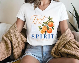 Christian Fruit of the Spirit Vneck And Tank Top, Bible Verse Shirt Women, Citrus Floral Faith Graphic T-Shirt, ,AS-2575
