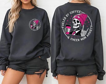 Coffee Skull Cheer Mom Sweater – Fueled by Coffee Anxiety Graphic Hoodie, Pink Halloween Skeleton Mom Top, AS-2560