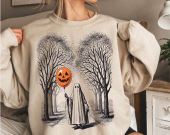 Halloween Ghost Balloon Sweatshirt, Spooky Autumn Forest Graphic Hoodie, Cute Vintage Halloween Pumpkin Sweater, AS-2558