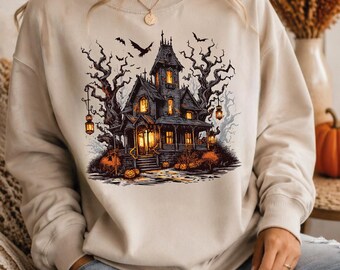 Haunted House Sweatshirt,Halloween Horror Ghost Sweater,Witch Design Sweater,AS-2707