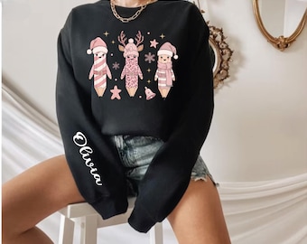 Personalized Christmas Reindeer Sweatshirt, Cute Pink Holiday Character Sweatshirt, Custom Name Winter Christmas Crewneck, AS-2573