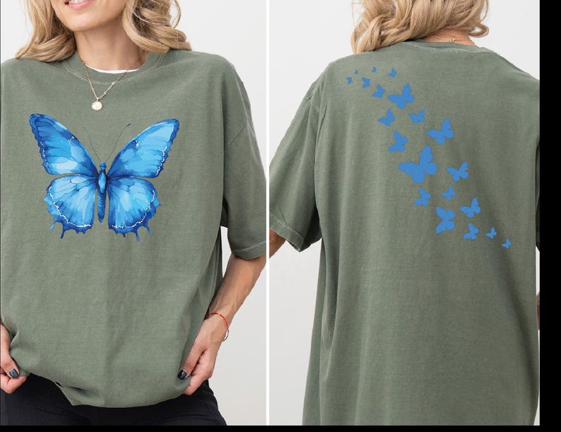a woman wearing a green shirt with a blue butterfly on it