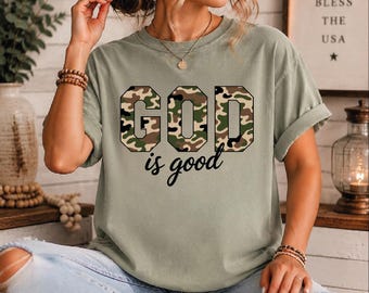 God Is Good Camouflage Graphic Shirt, Faith Christian Minimalist Summer Women Outfit, Simple Inspirational Religious Tee,AS-2577