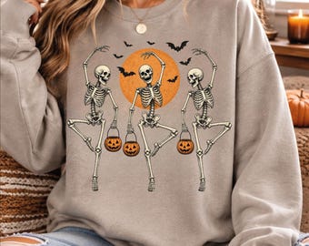 Dancing Skeleton Halloween Sweatshirt, Pumpkin Crewneck, Spooky Season Sweater, Funny Halloween Gift, Fall Outfit,AS-2703