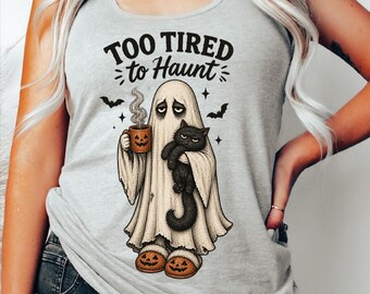 Too Tired To Boo Tank Top, Funny Halloween Ghost Shirt, Spooky Season Tank, Cute Boo Graphic Top, Fall Gift For Her,AS-2704