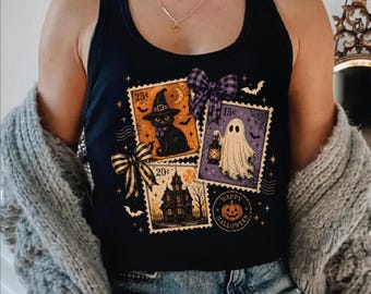 Cute Halloween Postcard Graphic Tank Top And Vneck, Witch Cat Ghost Pumpkin Vintage Stamp, Cozy Spooky Season Fall Halloween ,AS-2576
