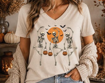 Skeleton Halloween V Neck Shirt, Pumpkin Graphic Tee, Spooky Season Clothing, Cute Fall Gift For Her,AS-2703