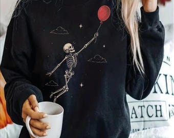 Skeleton Sweatshirt, Cute Halloween Skeleton Crewneck, Balloon Skeleton Shirt, Spooky Season Sweater, Halloween Gift,AS-2708