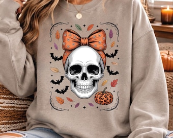 Spooky Skeleton Sweatshirt, Retro Halloween Crewneck, Cute Bow Graphic Pullover, Halloween Gift For Her,AS-2711