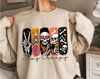 Stay Creepy Skeleton Halloween Shirt, Cute Spooky Season Graphic Tee, Women Horror Fall Outfit Top, Pumpkin Ghost Party T-Shirt,AS-2572