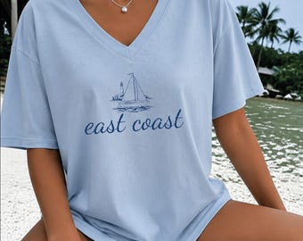 East Coast Vneck Shirt, Coastal Granddaughter Tee,  Preppy Beach Shirt, Nautical Summer Top, Ocean Lover Gift,AS-2603