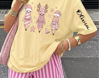 Custom Pink Christmas Characters Shirt, Personalized Cute Holiday Tee, Reindeer Girl Winter Sweatshirt, Name Christmas Gift Top,AS-2570