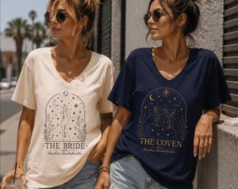 Witchy Bachelorette Vneck Shirt, Coven Bride , Gothic Bride Party , Celestial Witch Vneck, Custom Bridal Crew Gift,AS-2605