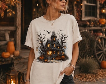 Halloween Haunted House Shirt, Vintage Spooky Season Tee, Ghost Horror Halloween T Shirt, Retro Fall Gift For Women,AS-2707
