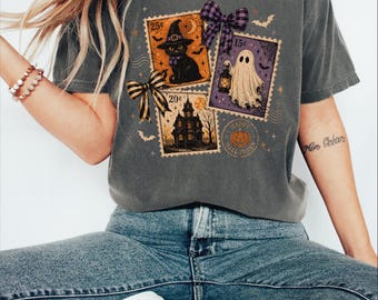 Halloween Stamp Style Shirt, Vintage Witch Cat Ghost Pumpkin Graphic Tee, Cute Spooky Season Autumn Party Sweatshirt Style Top,AS-2576