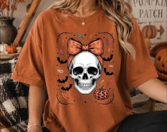 Retro Halloween Skeleton Shirt, Cute Spooky Bow Tee, Funny Skeleton Graphic T Shirt, Halloween Gift For Her,AS-2711
