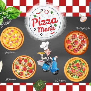 May include: An illustrated pizza menu featuring five pizza varieties, such as The Hawaiian and The Supreme. The image includes a chef on a scooter and the words "Pizza Menu". The background is a red and white checkered pattern.