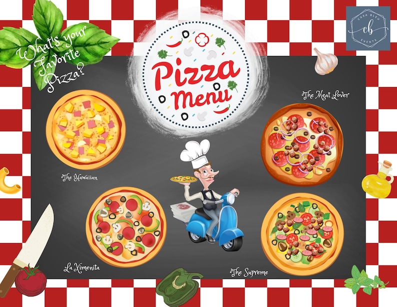 May include: An illustrated pizza menu featuring five pizza varieties, such as The Hawaiian and The Supreme. The image includes a chef on a scooter and the words "Pizza Menu". The background is a red and white checkered pattern.
