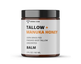 Tallow Balm + Manuka Honey, 100% Grass Fed Beef, Face and Body - Beef Tallow Moisturizer Balm 2oz