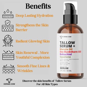 May include: A brown glass bottle of Tallow Serum with a black pump dispenser. The label lists ingredients like Marula Oil and Sea Buckthorn Oil. Text on the label includes "Hydration" and "Unscented". The image also shows the benefits of the serum.