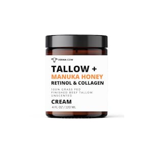 Tallow + Manuka Honey Infused with Retinol and Collagen, Grass Fed Beef, Cream for Face and Body - Beef Tallow Moisturizer