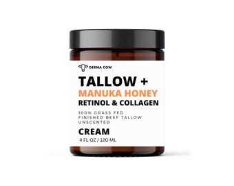 Tallow + Manuka Honey Infused with Retinol and Collagen, Grass Fed Beef, Cream for Face and Body - Beef Tallow Moisturizer