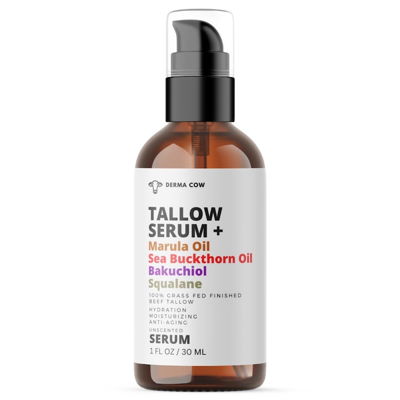 May include: A brown glass bottle of Tallow Serum with a black pump dispenser. The label lists ingredients like Marula Oil, Sea Buckthorn Oil, and Bakuchiol. The bottle contains 1 fl oz / 30 ml of unscented serum for hydration, moisturizing, and anti-aging.