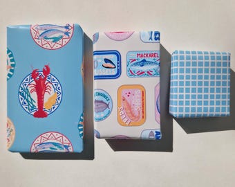 Printable Seafood Themed Nautical Gift Wrap - Downloadable Wrapping Paper - Fathersday Gift - Seafood Plates, Tinned Fish, Gingham
