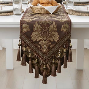 Luxus Jacquard Tischläufer mit Quasten - Eleganter Braun Gold Damast Esstisch Dekor - Premium Tischläufer - Herzstück im Europäischen Stil