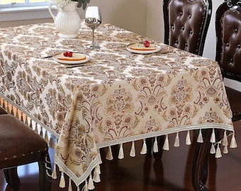 Luxury Damask Tablecloth with Tassels / Elegant Vintage Jacquard Dining Table Cover / Classic European Style Table Linen / Beige Table Cloth