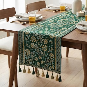 Runner da tavolo in jacquard ricamato verde smeraldo con nappe / Elegante decorazione floreale per tavoli da pranzo / Runner da tavolo intrecciato in stile vintage