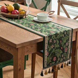 Runner da tavolo verde botanico con nappe / Runner da tavolo jacquard floreale vintage / Elegante centrotavola da pranzo / Decorazione da tavolo da pranzo