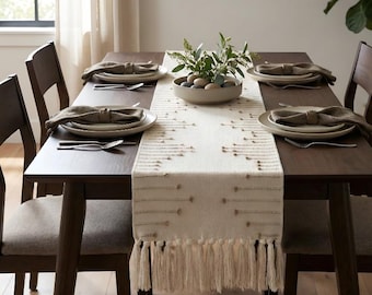 Neutral Textured Table Runner with Tassels, Boho Farmhouse Dining Table Decor, Modern Rustic Table Runner