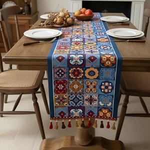 Boho Moroccan Tile Table Runner with Tassels/ Colorful Embroidered Vintage-Style Kitchen & Dining Table Decor/ Vintage Table Runner
