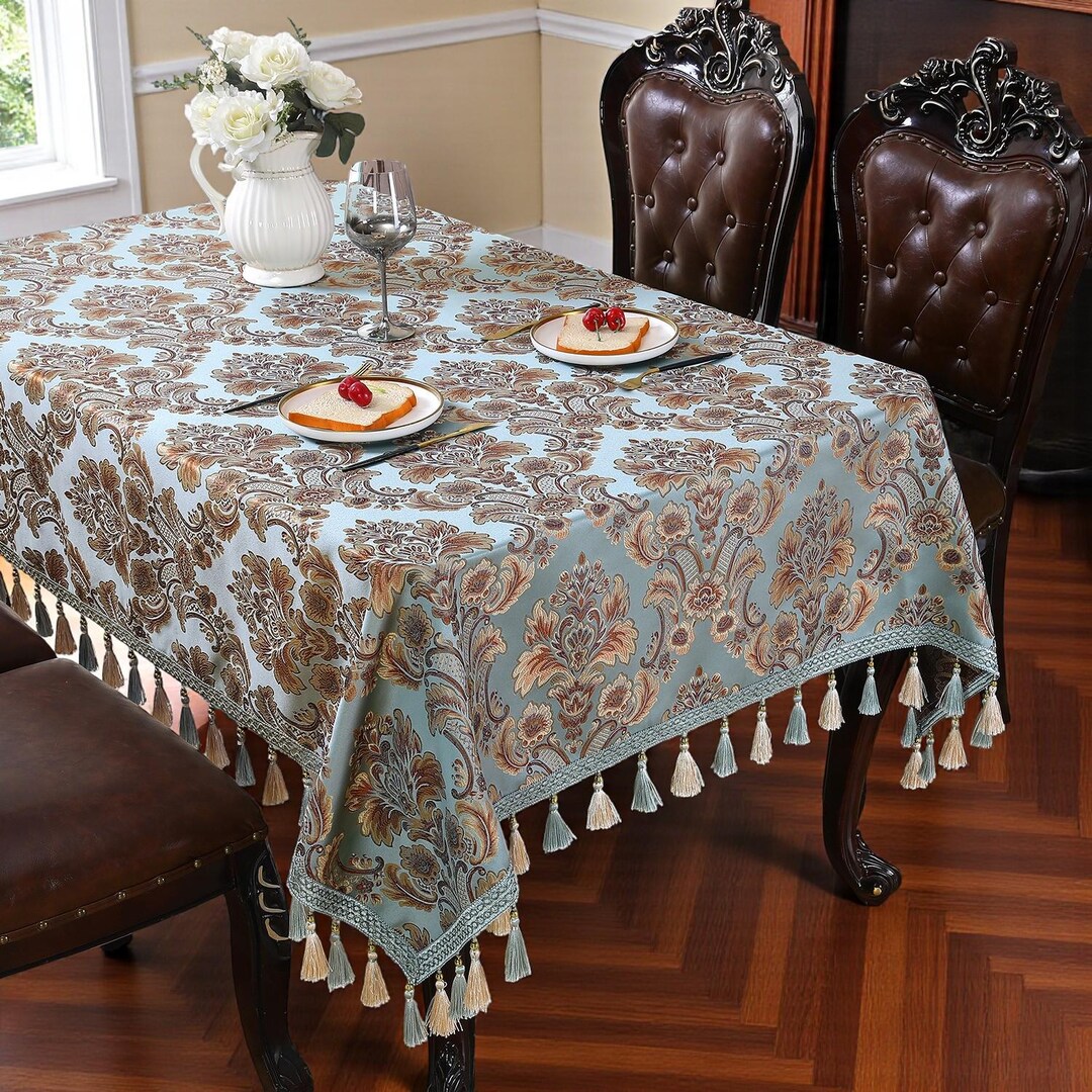Luxury Damask Tablecloth With Tassel Trim / Elegant Jacquard Dining ...