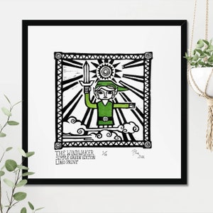 May include: Black and white linocut print of Link from The Legend of Zelda: The Wind Waker. Link is holding a sword and standing on a cloud with a sun behind him. The print is titled "The Windwaker Simple Green Edition Linocut Print" and is numbered 1/10.