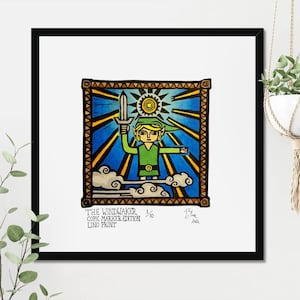 May include: A colorful linocut print of Link from The Wind Waker video game. The print is framed in a black frame and features a blue background with yellow sun rays. The print is signed and numbered 1/10.