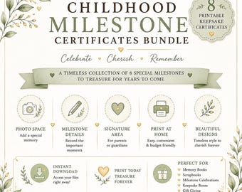 Printable Childhood Milestone Certificates Bundle | 8 Keepsake Awards for Kids | Instant Download PDF