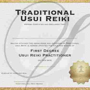 以下が含まれることがあります： 金色の縁取りと「TRADITIONAL USUI REIKI」の文字が入った証明書。証明書には「First Degree USUI REIKI Practitioner」と記載されています。右下には金のシールがあります。背景は白で、大きな灰色のデザインが施されています。