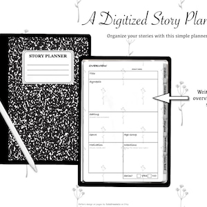 May include: A digital story planner with a black and white composition notebook and a tablet displaying a story outline. The notebook has the words "STORY PLANNER" on the cover. A white stylus rests on the notebook. Text reads "A Digitized Story Planner".