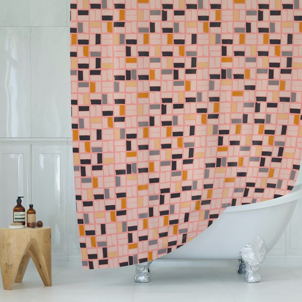 Pink Shower Curtain, Mid Mod Shower Curtain, Mid Century Modern Abstract Print Shower Curtain, Fabric Shower Curtain, 72x72 Inch